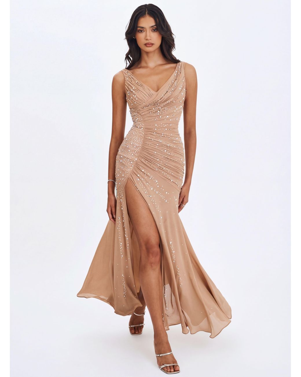 Miss Circle New York Brown Neutrals Viveca Apricot Crystal-Embellished Asymmetrical Ruched Maxi Dress