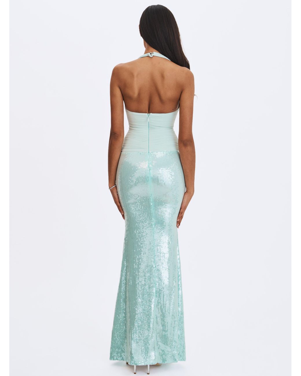 Miss Circle New York Green Wendale Mint Sequin Plunging Mermaid Maxi Dress