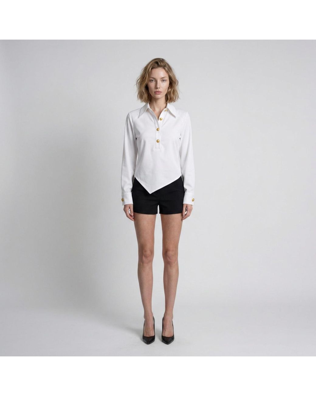 Modenaire White Collared Button Front Blouse With Asymmetrical Hem Detail