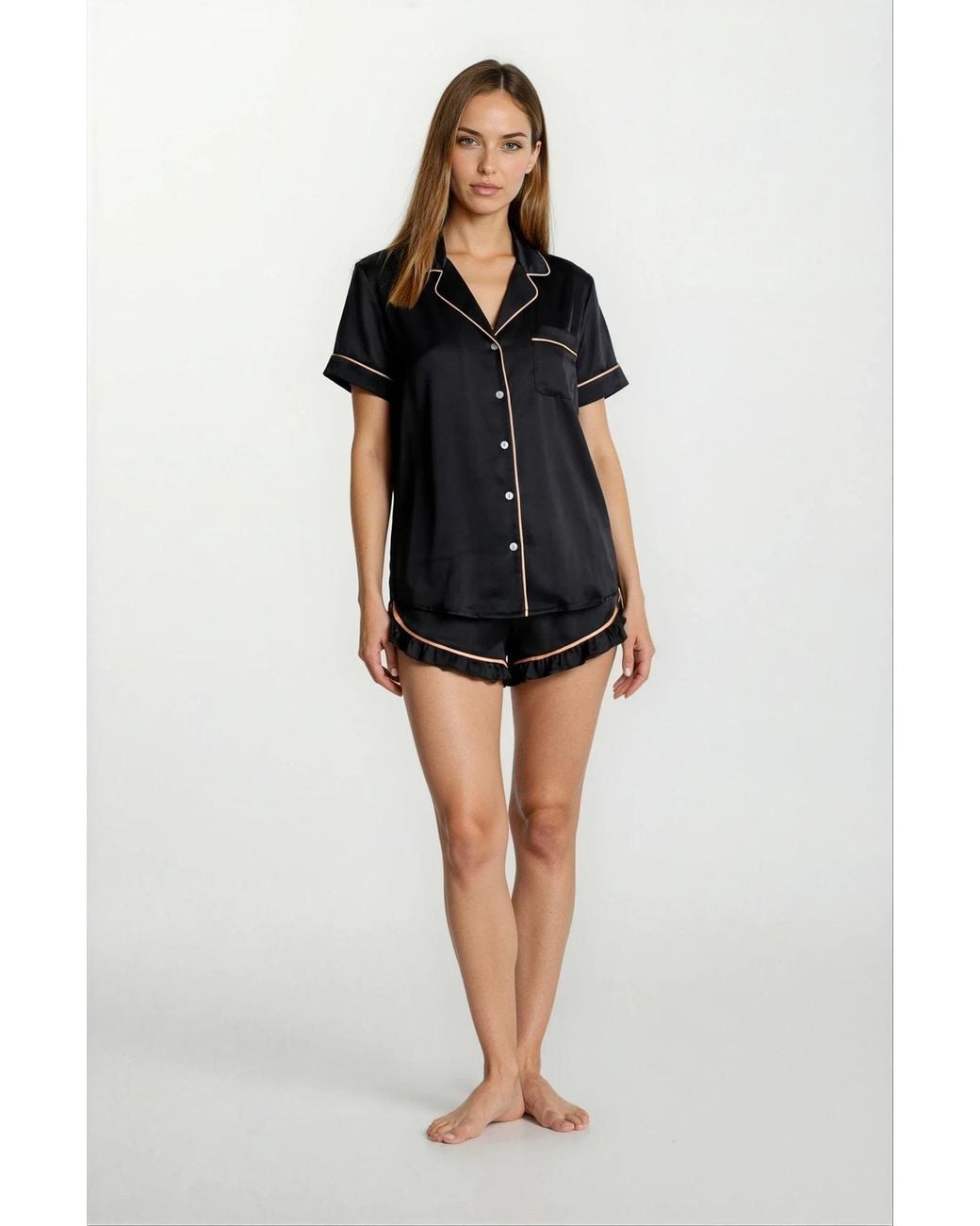 Carolina Benoit Black Luxury Short Pajama With Ruffles With