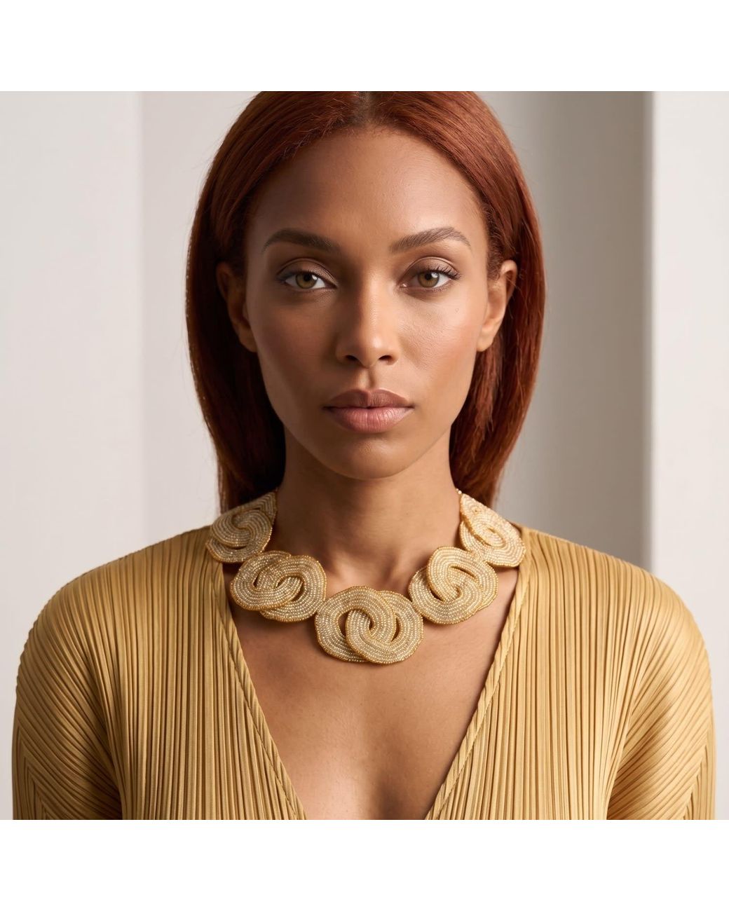 Iliana Arrazola Metallic Crisscrossed Circle Necklace, Glass Beads, Beaded Jewelry