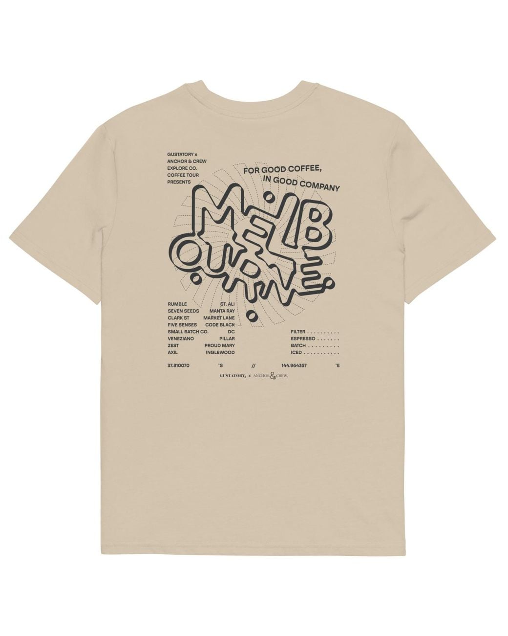 Anchor and Crew Natural Neutrals Desert Dust Gustatory Melbourne Coffee Scene Organic Cotton Embroidered T-Shirt