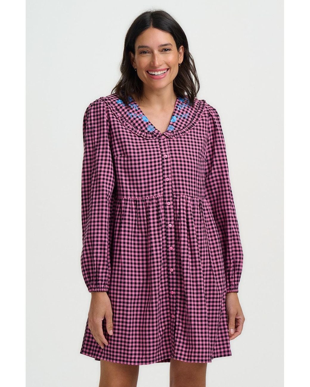 Sugarhill Red Ondrea Short Smock Dress Rose Gingham Floral Embroidery