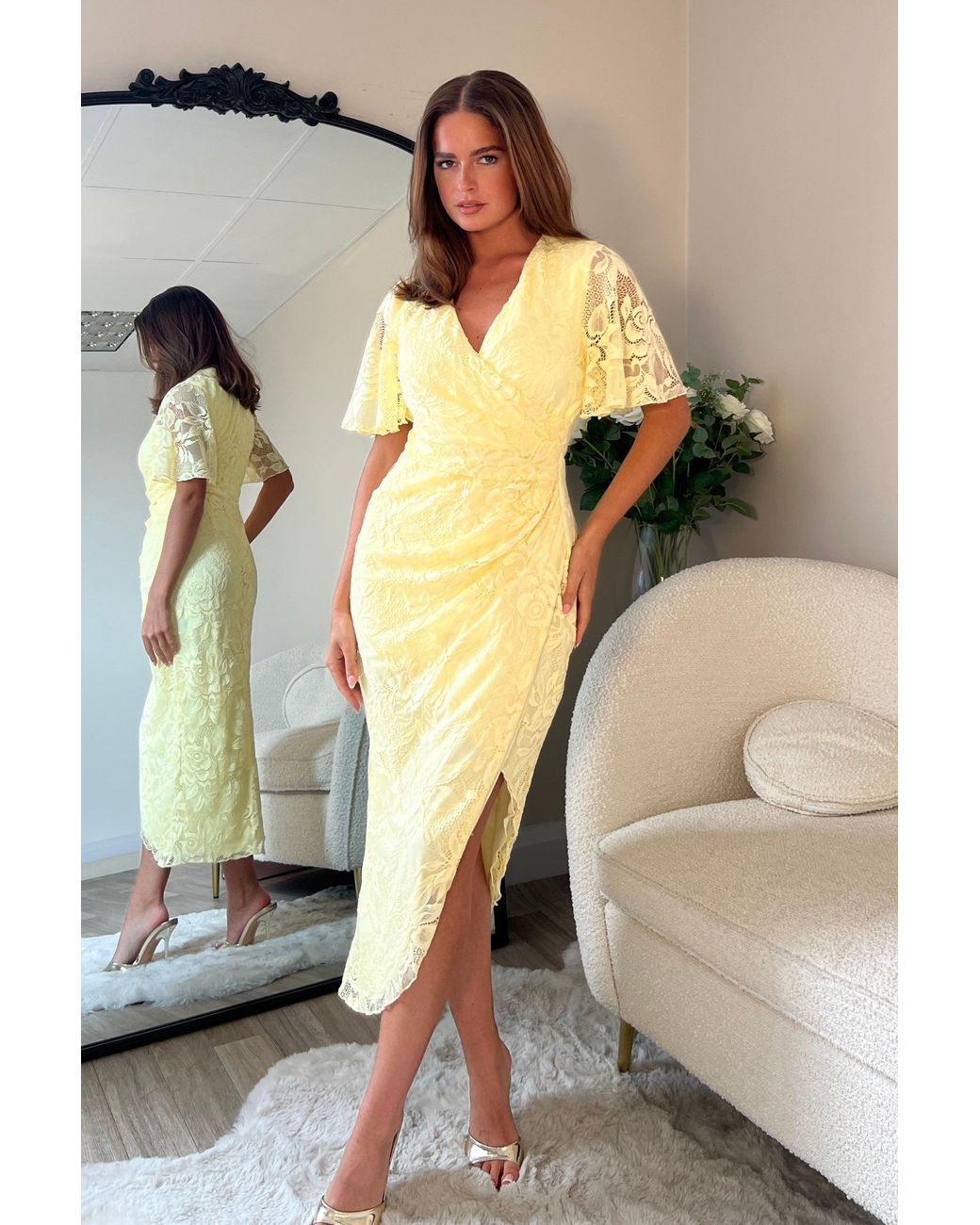 Girl In Mind Yellow Natasha Angel Sleeve Wrap Midi Dress