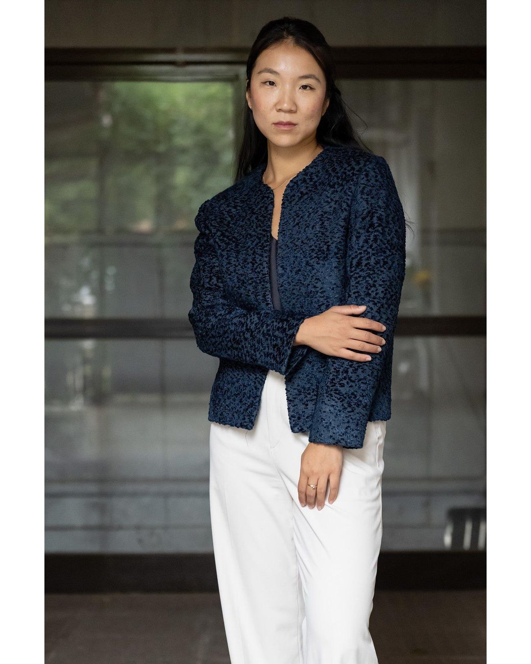 Stovaria Blue Handwoven Moss Texture Wool-Linen Statement Jacket
