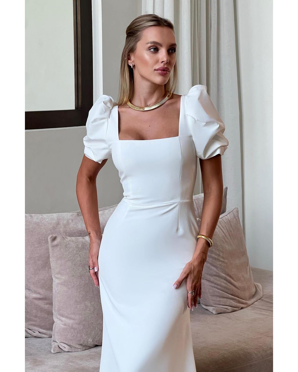 POST MERIDIEM White Godet Silhouette Square Neck Midi Dress