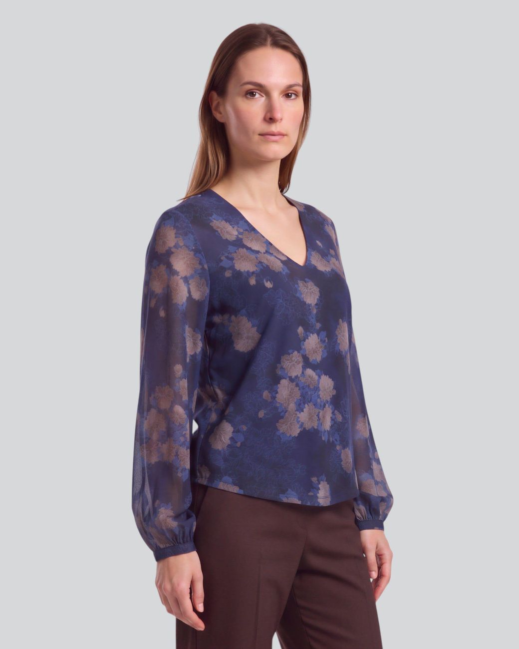 Lords of Harlech Blue Val Lans Floral Lyocell Stretch V-Neck Top
