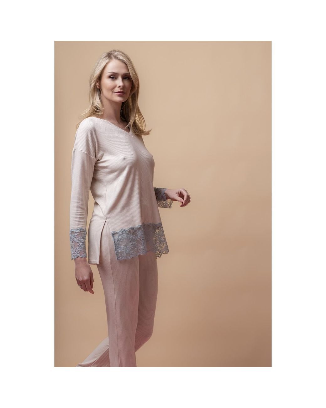 Oh!Zuza Pink Neutrals Santal Lace Trim Long Pyjama Set – Vanilla