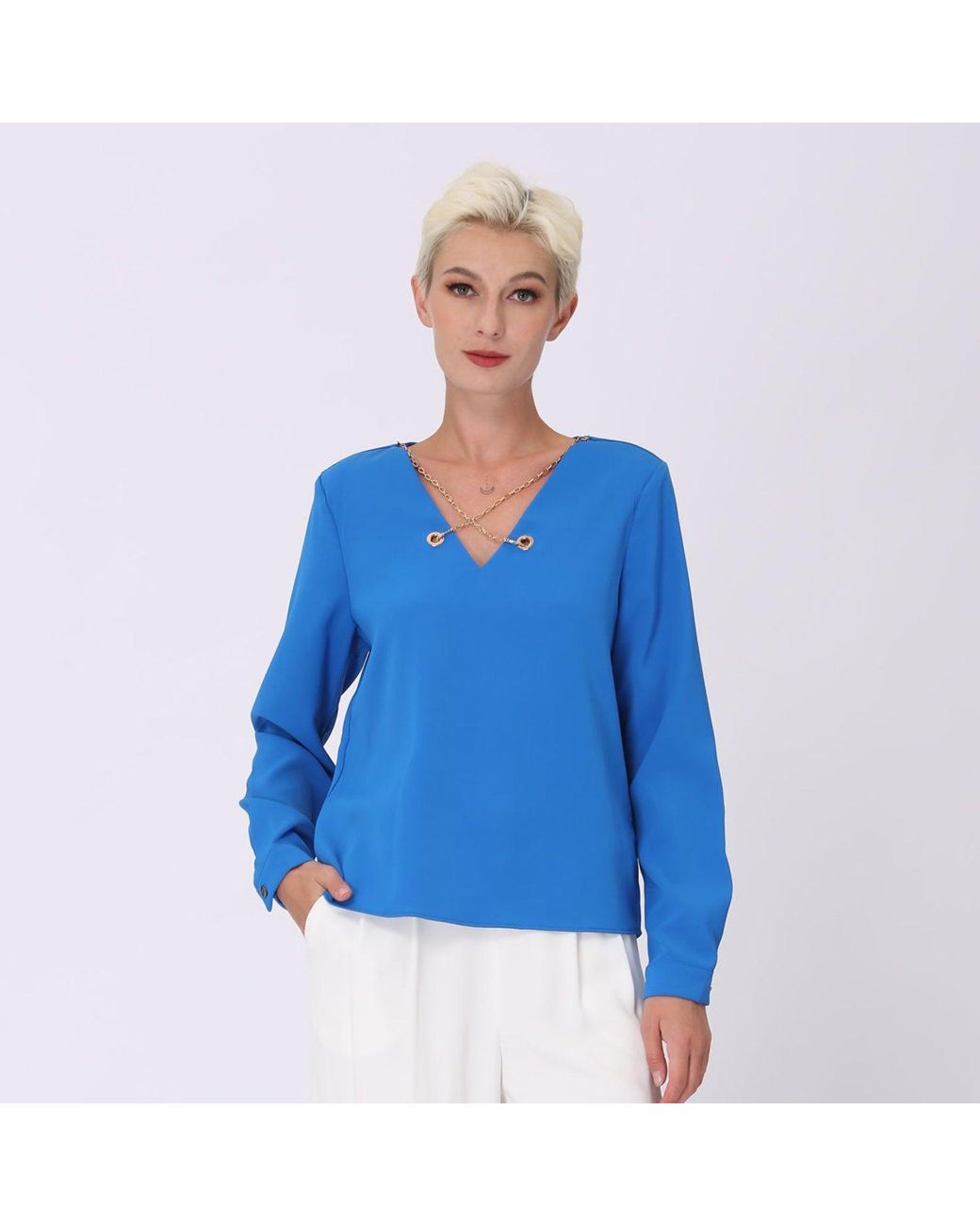 Smart and Joy Blue V-Neck Blouse And Decorative Chain