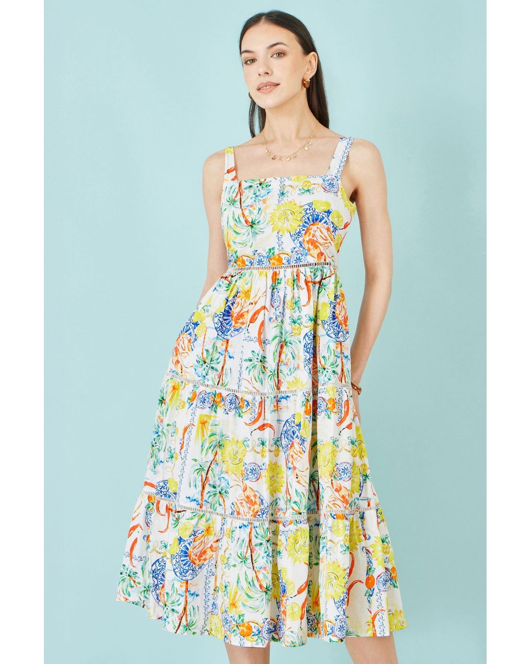 Yumi' White Mediterranean Print Cotton Midi Sun Dress