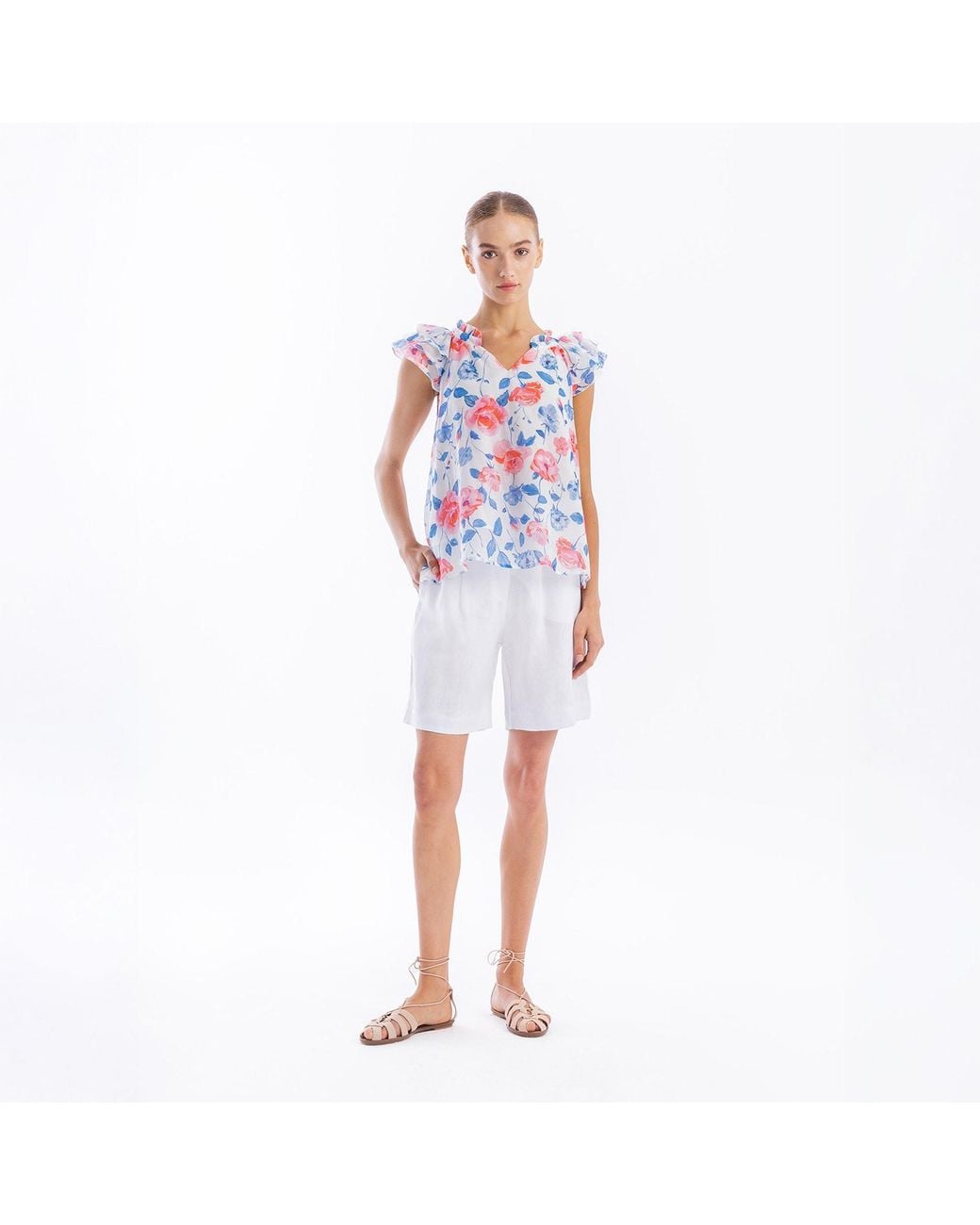 Haris Cotton Blue Ruffled Sleeve Cups Printed Silk Blend Blouse Wild Rose