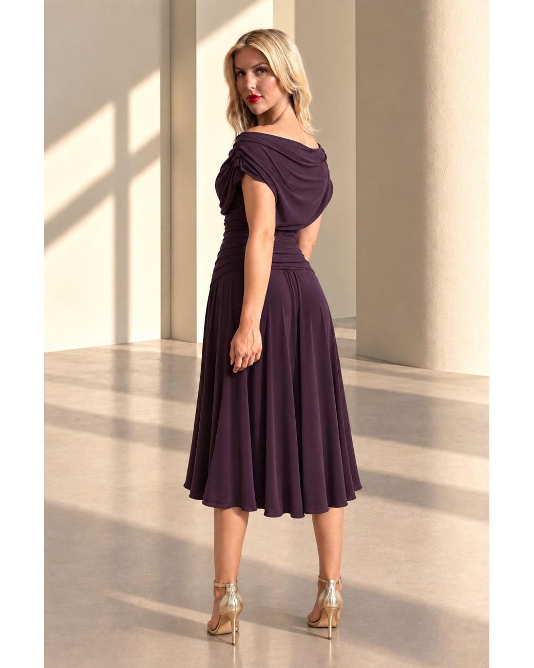 Atom Label Purple Carbon Bardot Tea Regular Length Dress