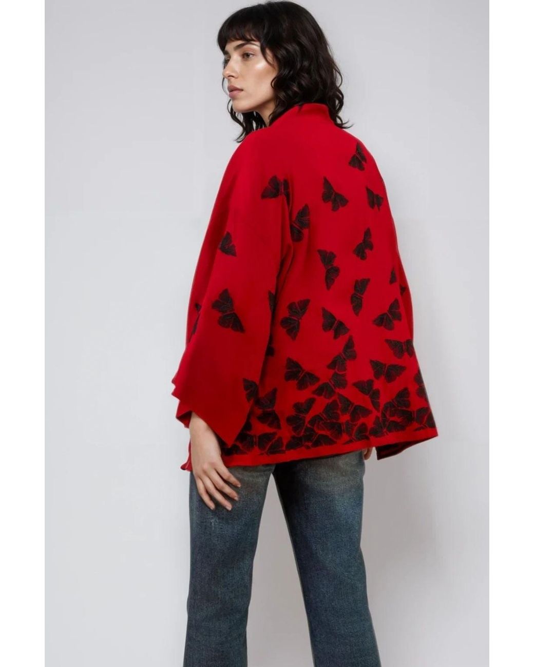 Artemis Muse Embroidered Butterflies Wine Short Kimono