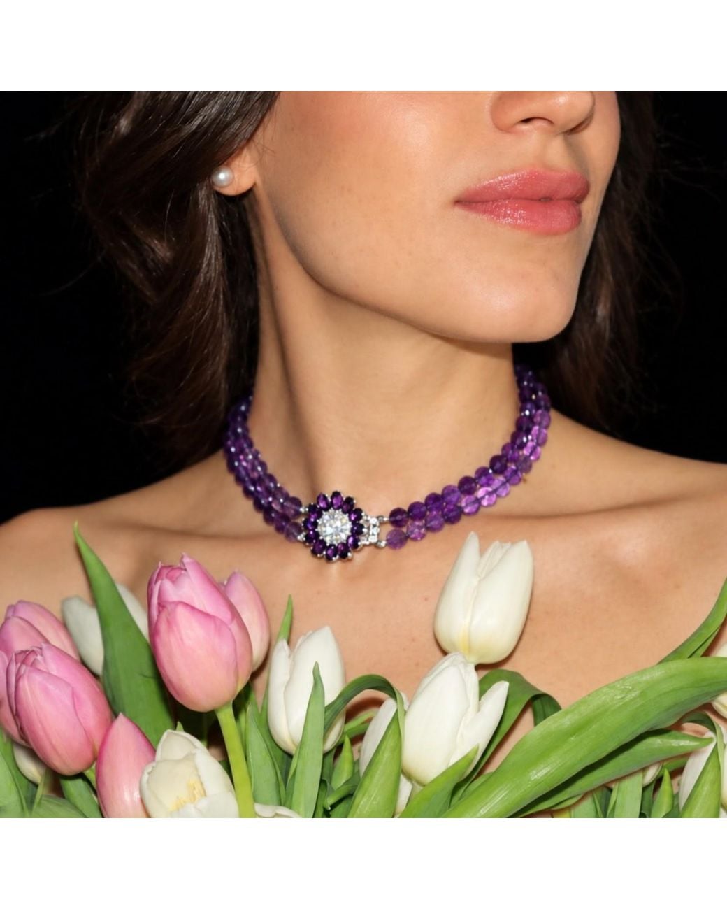 Mineralgems•Studio Purple Two-Strand Amethyst Choker With Floral Clasp