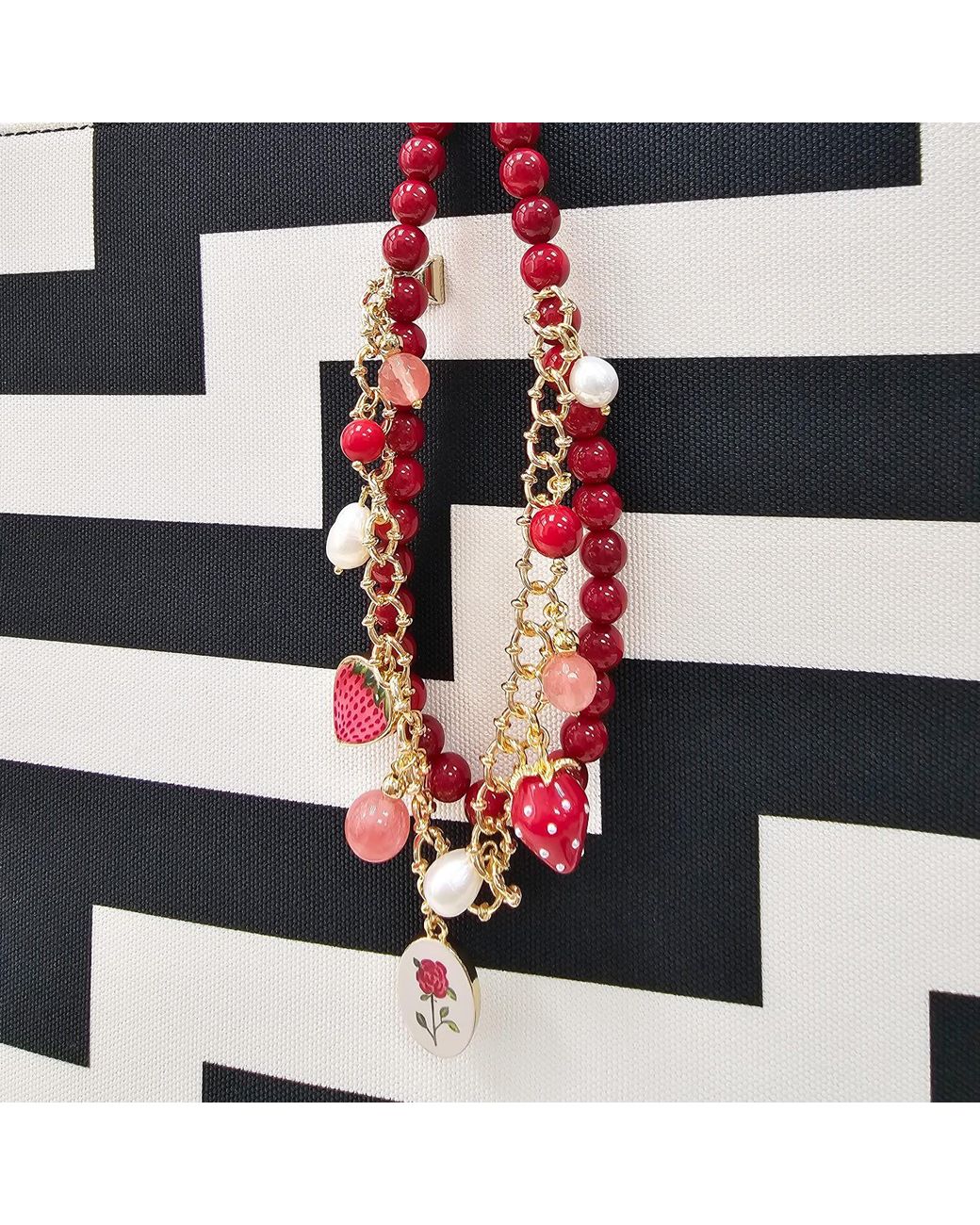 Farra Red Bamboo Coral With Strawberry And Rose Double Layers Chain Bag Charm