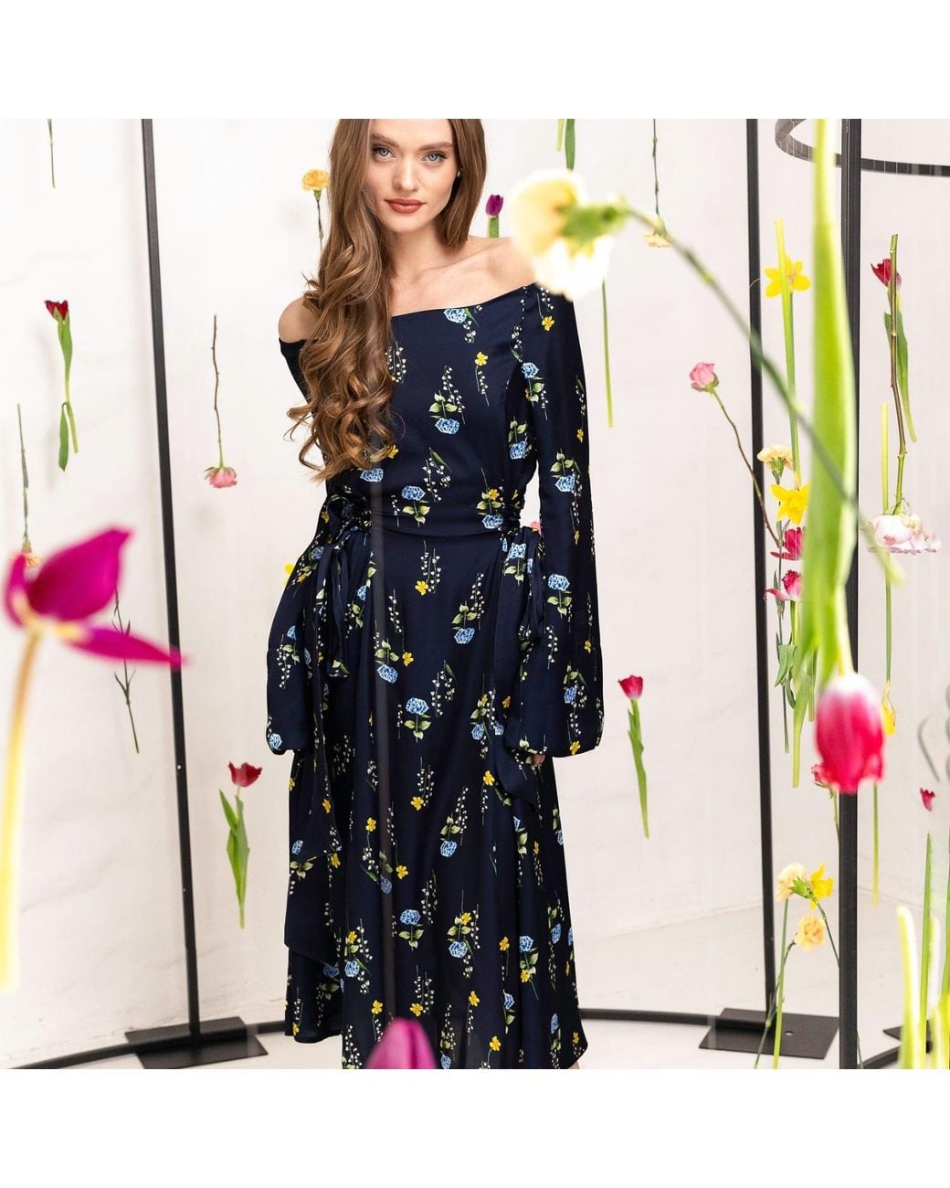 RainSisters Blue Adjustable Waist Midi Dress: Meadow Dream
