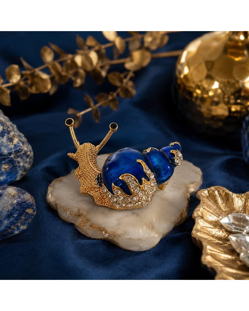 By Ozge Blue Rose Moonlit Journey Enamel & Zirconia Rose-Tone Snail Brooch