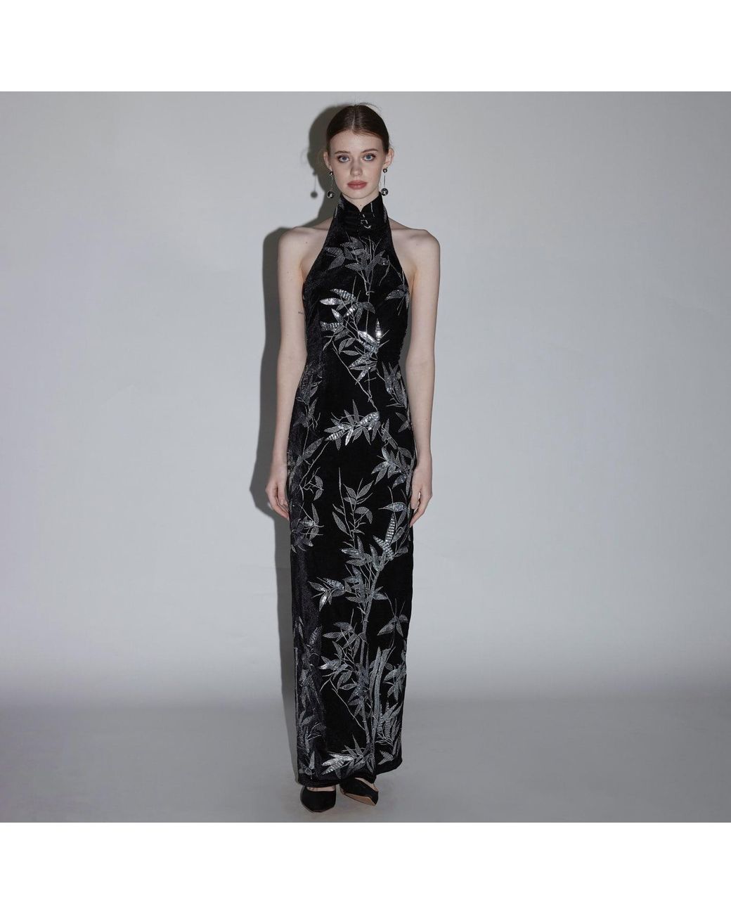 Belsize25 Black Bamboo Leaf Beaded Embroidered Halterneck Gown