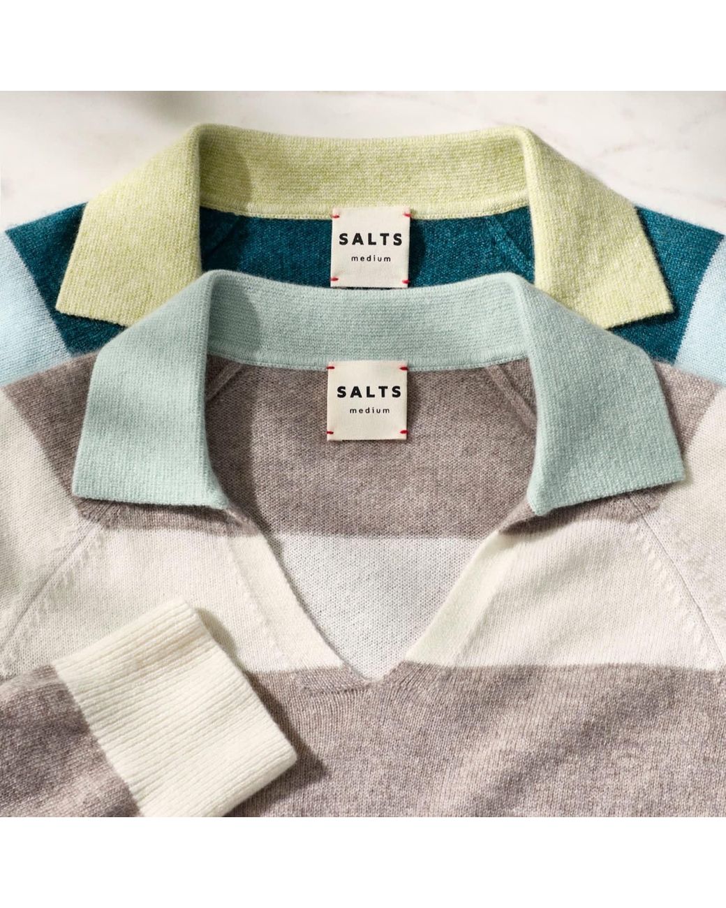 Salts Cashmere Gray Split Neck Polo Stripe Sweater