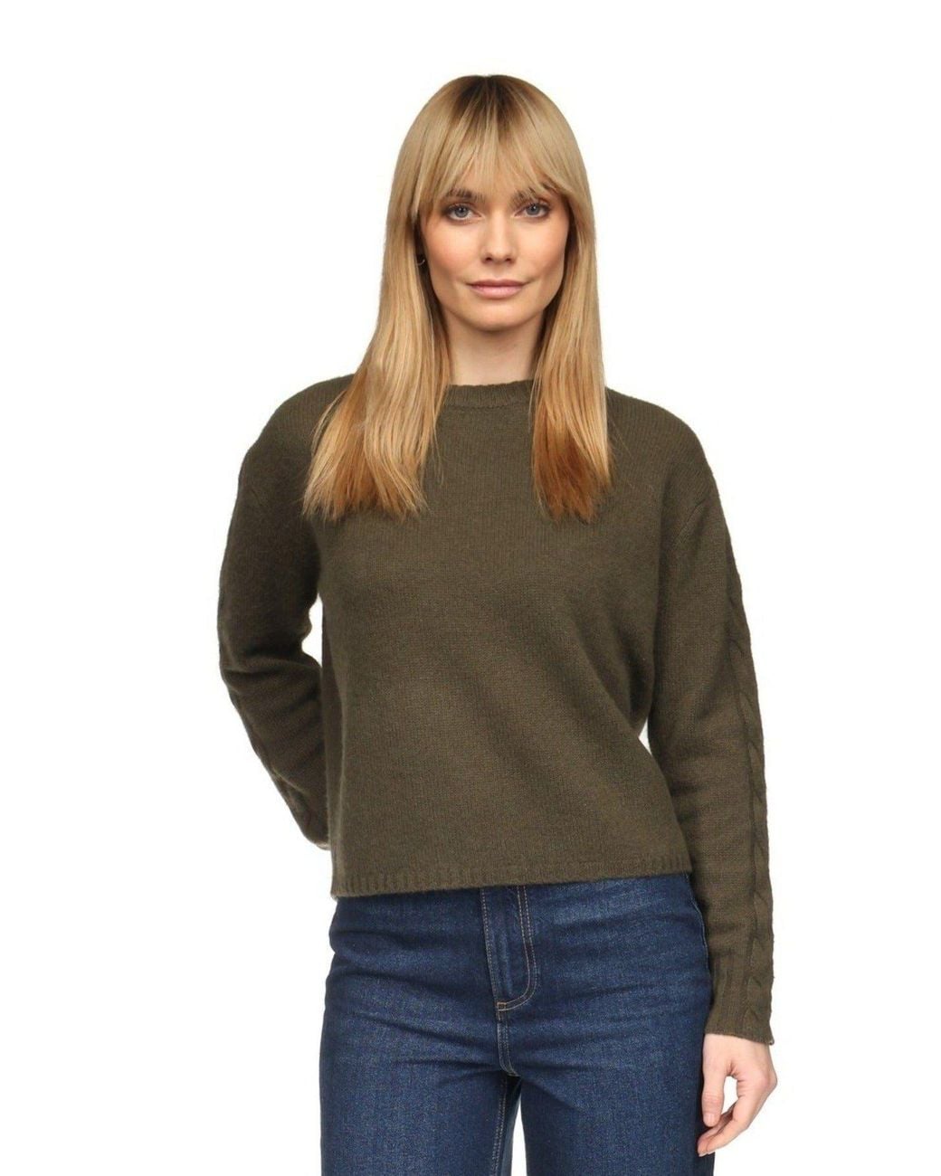 Brodie Cashmere Green Cable Sleeve Crew