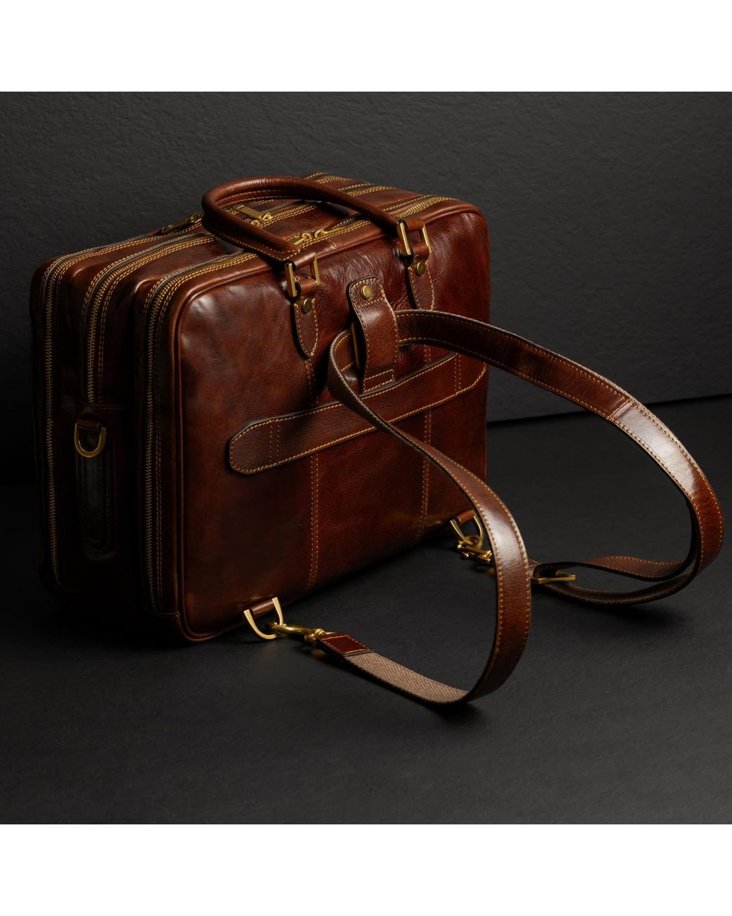Time Resistance Brown Leather Convertible Briefcase Backpack for men
