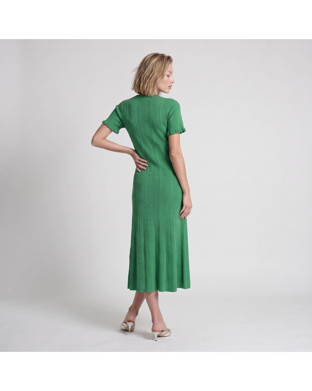 Modenaire Green Textured Knit Midi Dress Refined Button Front