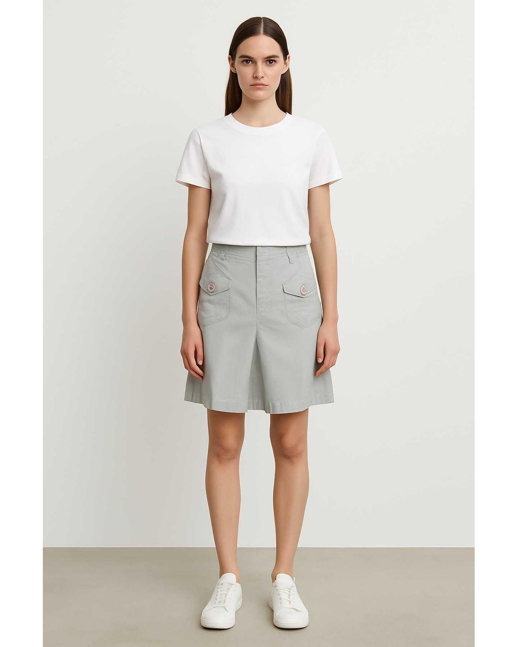 Conquista White Neutrals Cotton Gabardine Skirt With Buttoned Pockets