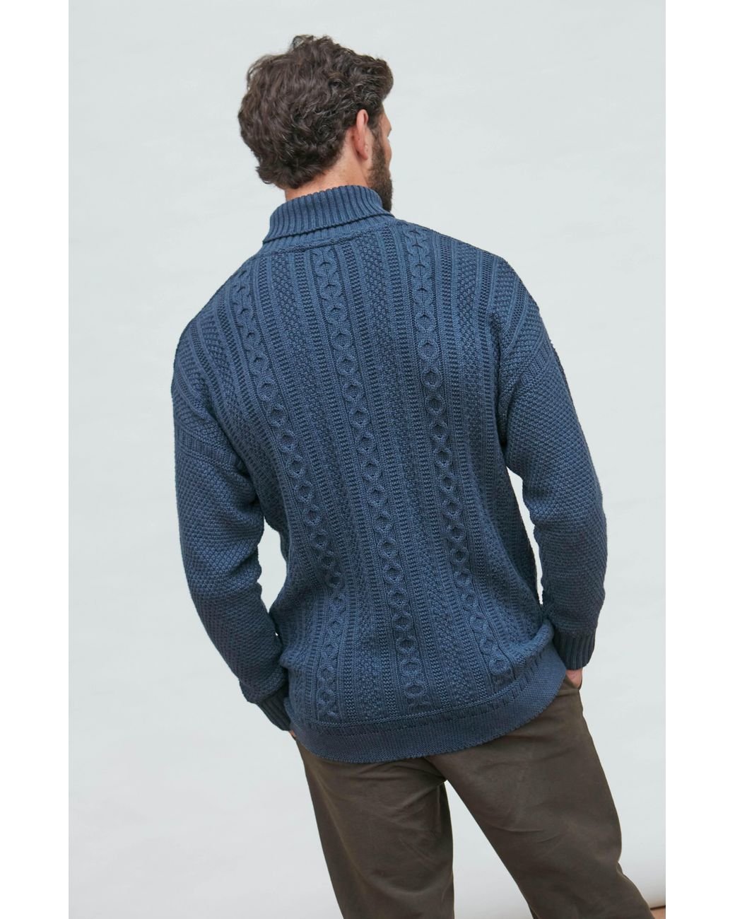 Paul James Knitwear Blue Midweight Cotton Aith Cable Roll Neck Gansey Jumper for men