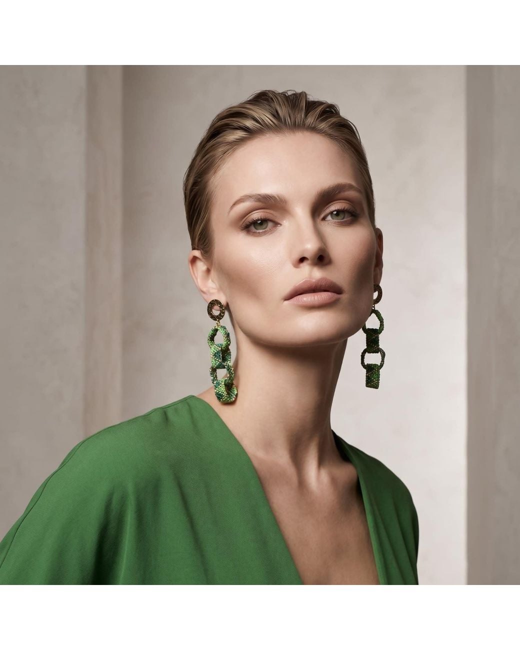 Iliana Arrazola Green Bold Chunky Link, Dangle Earrings, Glass Beads, Beaded Jewelry