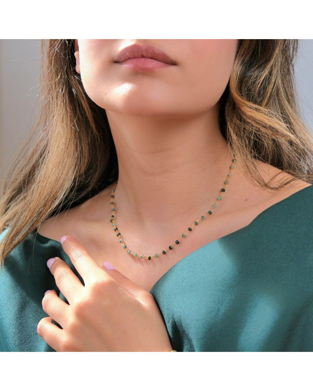 Sophelia Metallic Raw Emerald Beaded Delicate Plated Necklace