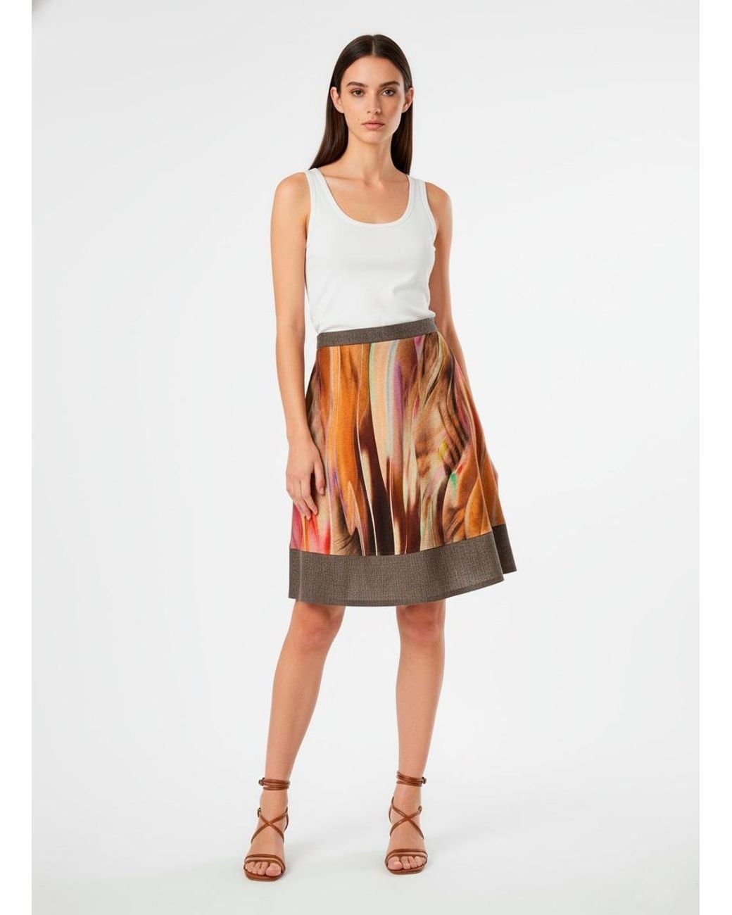 Conquista Brown A-Line Skirt With Abstract Brushstroke Print & Contrast Hem