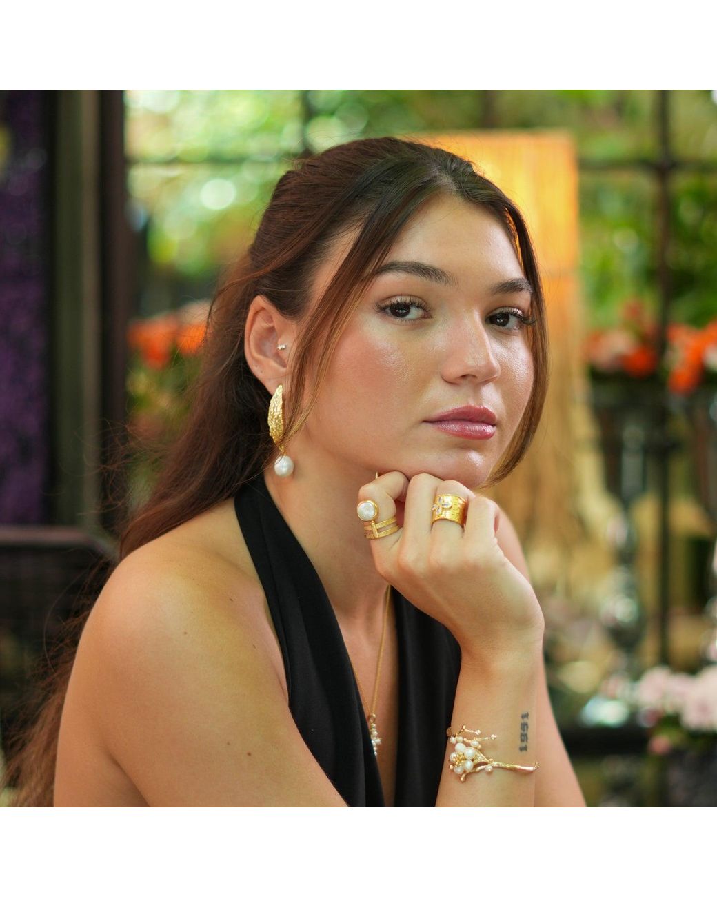 Ebru Jewelry Yellow Diamond & Band Floral Chunky Cuff Ring