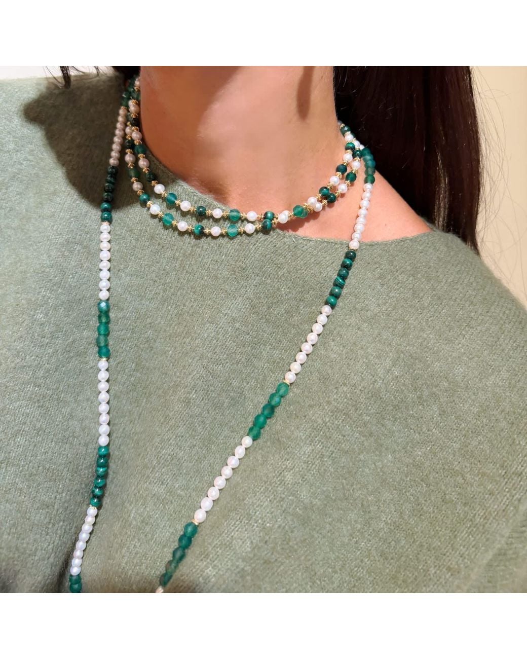 Farra Green Freshwater Pearl With Malachite And Agate Long Necklace