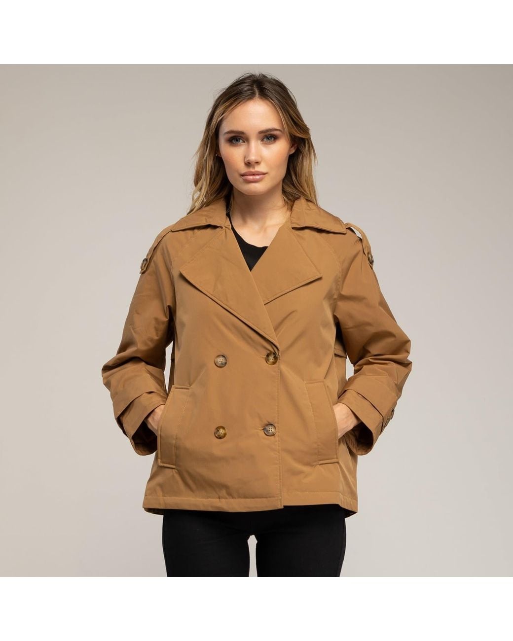 Tantra Spain Sl Brown Neutrals Short Quilted Trench Coat With Double-Breasted Buttons, Side Pockets, And Flared Back Camel