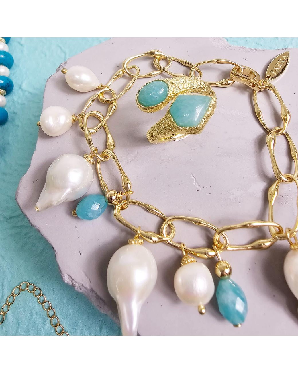 Farra Metallic Baroque Pearls With Amazonite Charms Bracelet