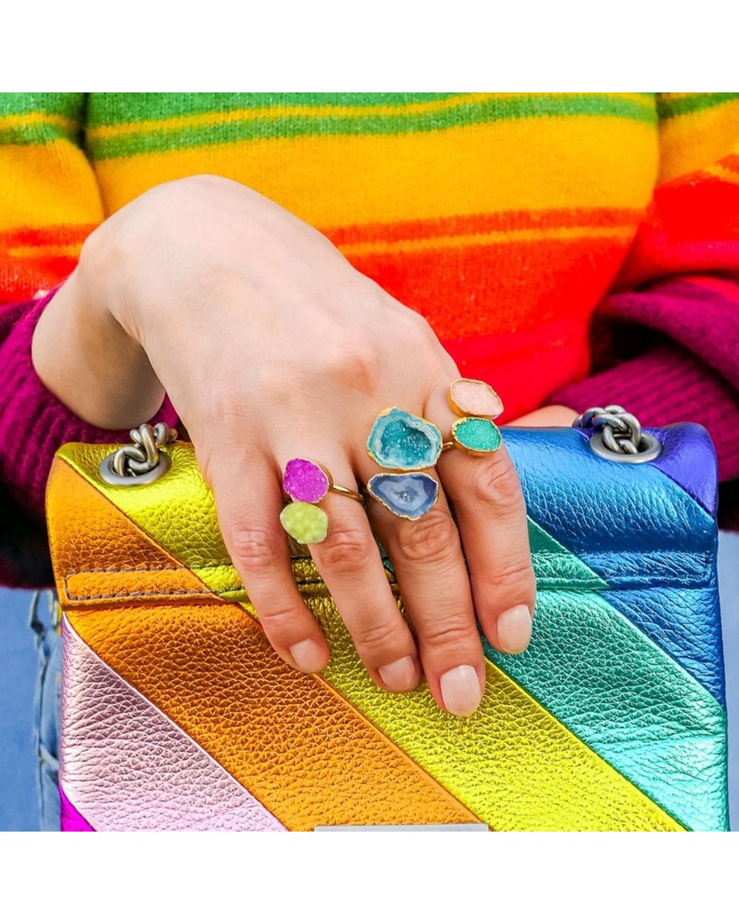 YAA YAA LONDON Blue Green Duo Crystal Adjustable Gold Ring