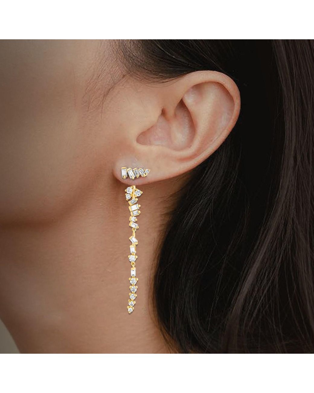 SALLY SKOUFIS Metallic Baguette Drop Earrings With Made Cz Diamond Stimulant