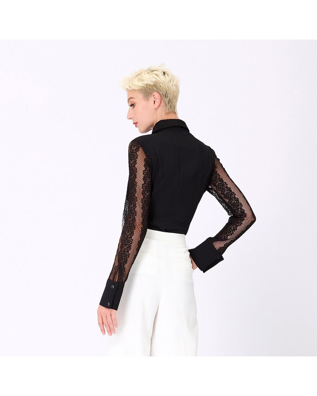 Smart and Joy Blue Fitted Long Sleeves Lace Shirt