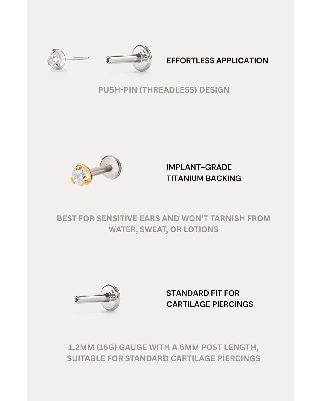Vanhi White 3Mm Martini Set Threadless Flat Back Titanium Cartilage Stud