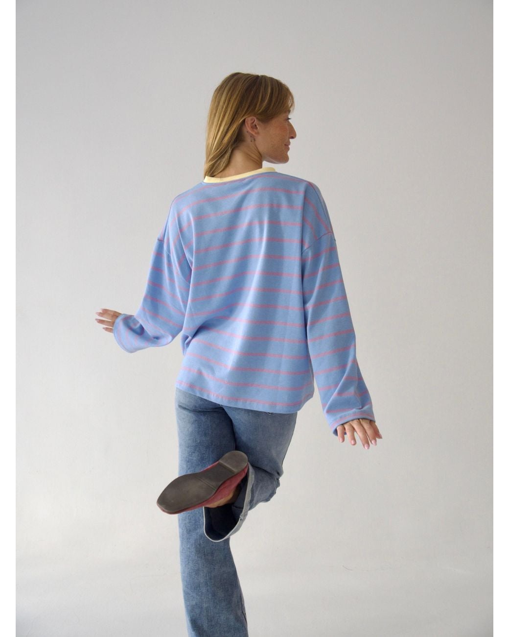 Mind Traveler Blue Light Striped Míriam Long Sleeve Top With Contrast Neck