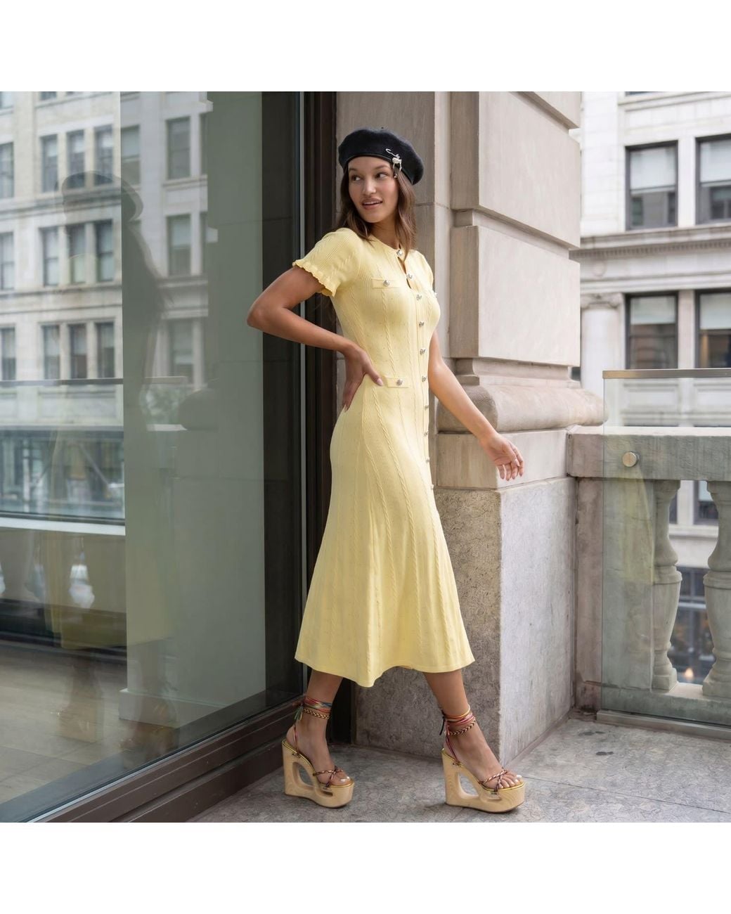 Modenaire Yellow Ribbed Knit Midi Dress