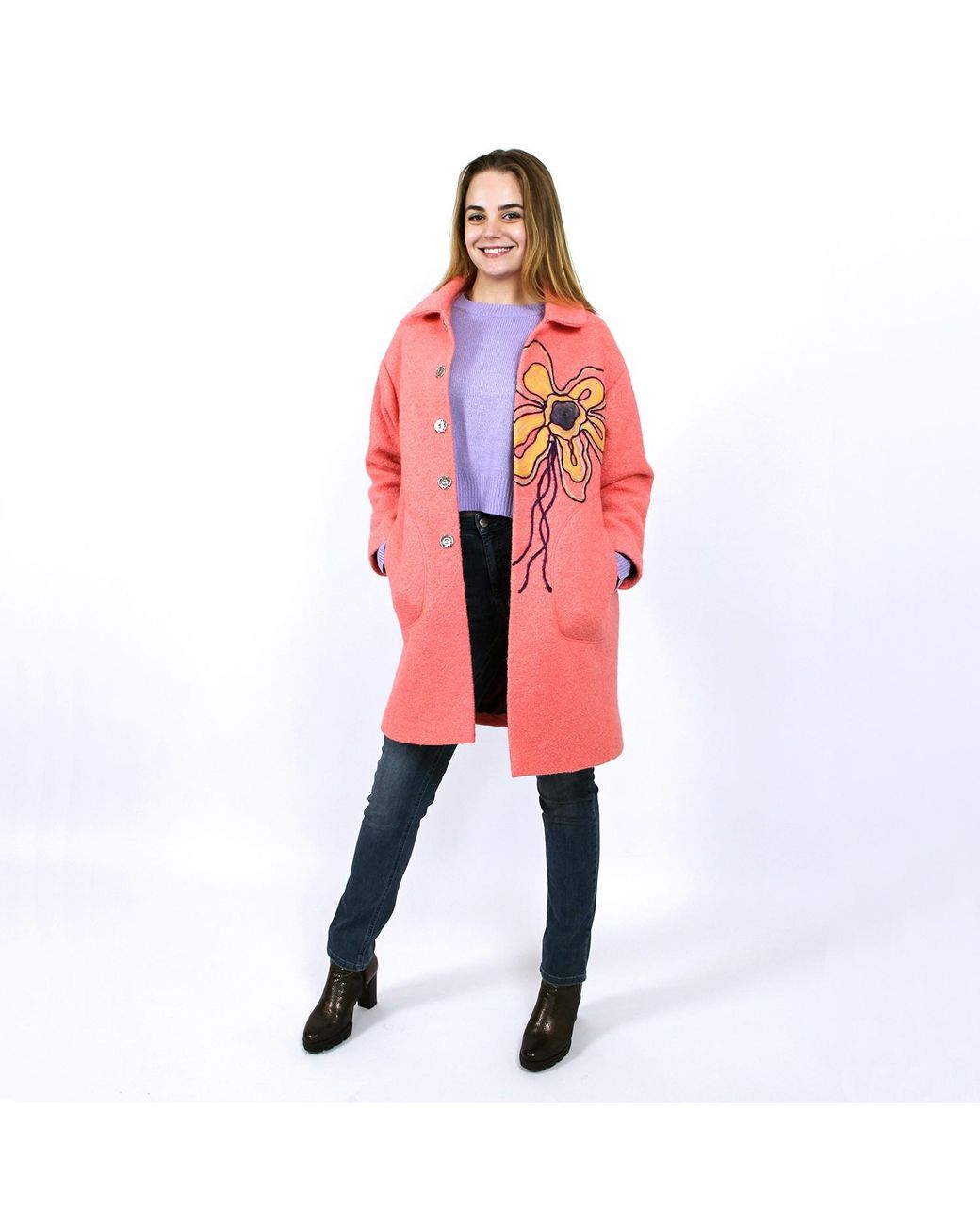 Lalipop Design Pink Wool Blend Coat With Flower Embroidery