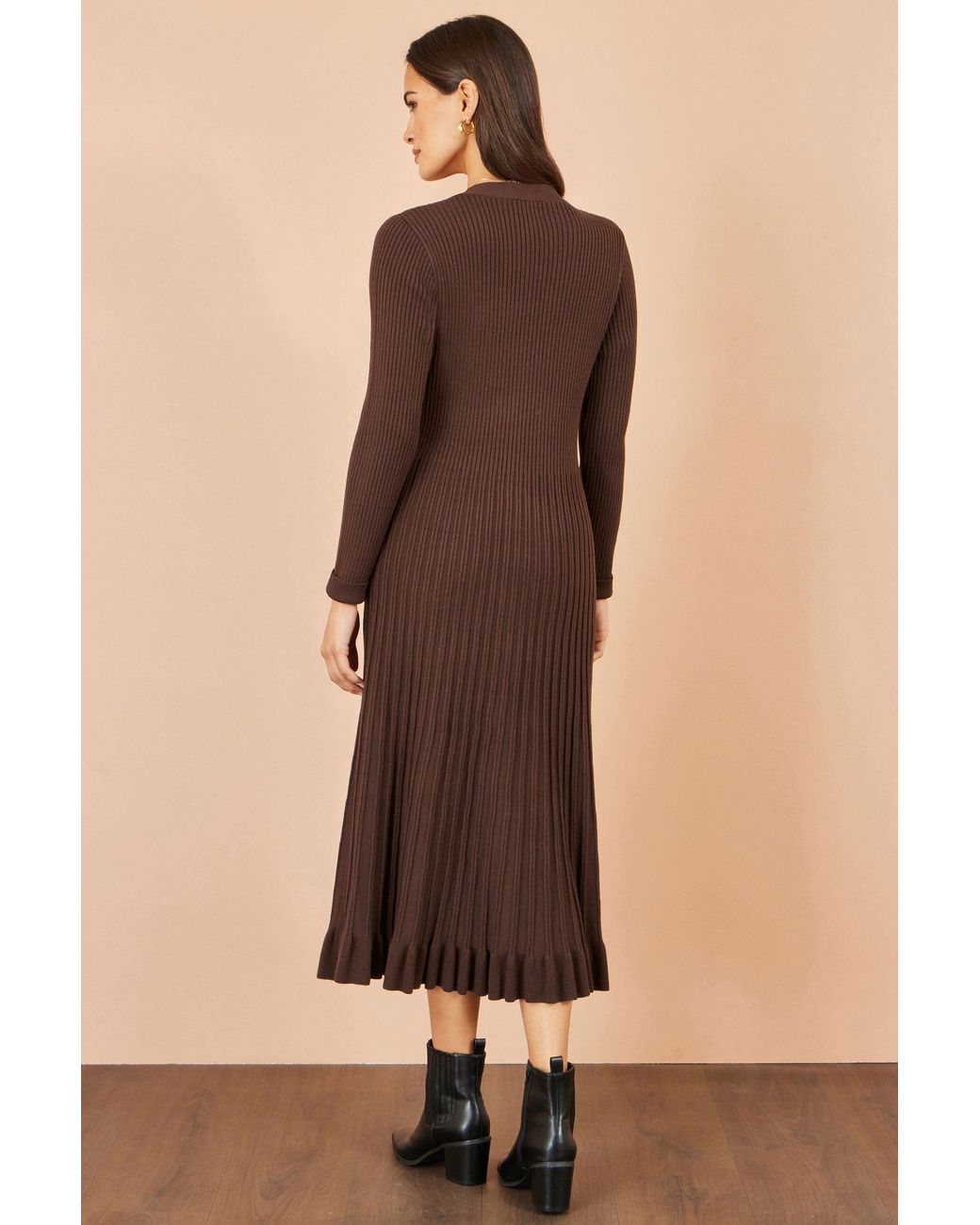 Yumi' Brown Viscose Knitted Midi Ribbed Dress