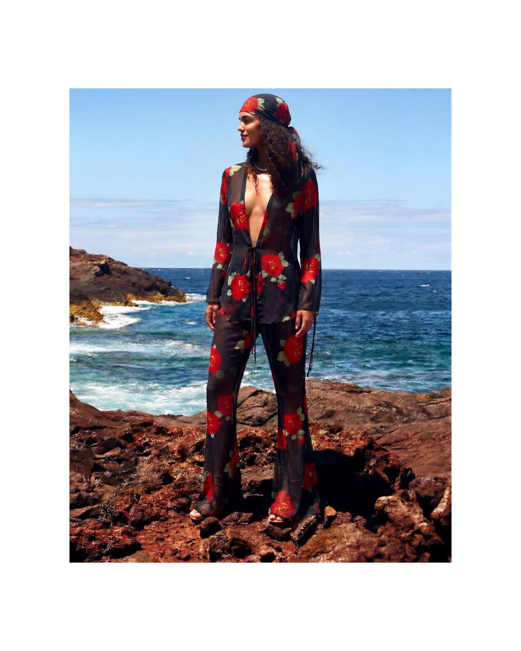 concept A trois Red Chiffon Blouse Adorned With Roses
