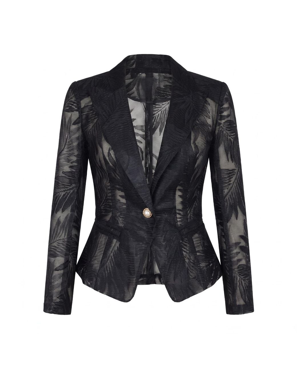 Modenaire Black Tailored Blazer With Sheer Lace Sleeves And Single Button Front