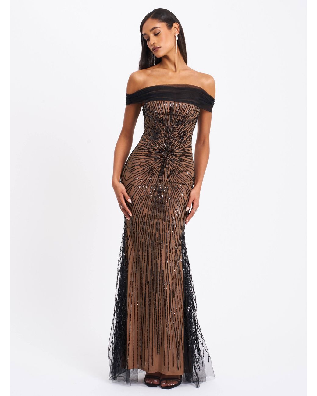 Miss Circle New York Black Qeturah Embroidered Sequin Off Shoulder Mesh Gown