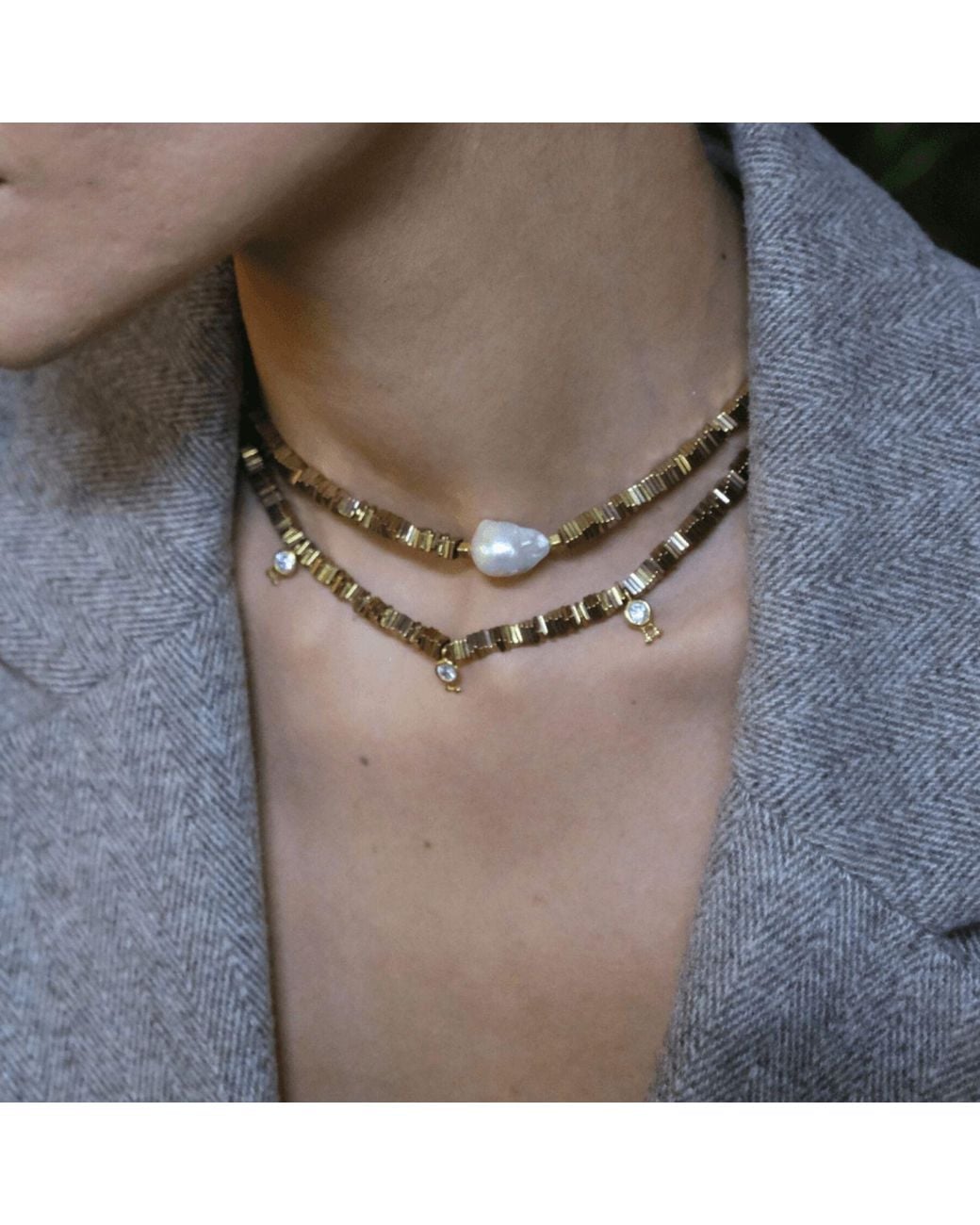 LINYA JEWELLERY Metallic Yarn Baroque Pearl Hematite Stone Necklace