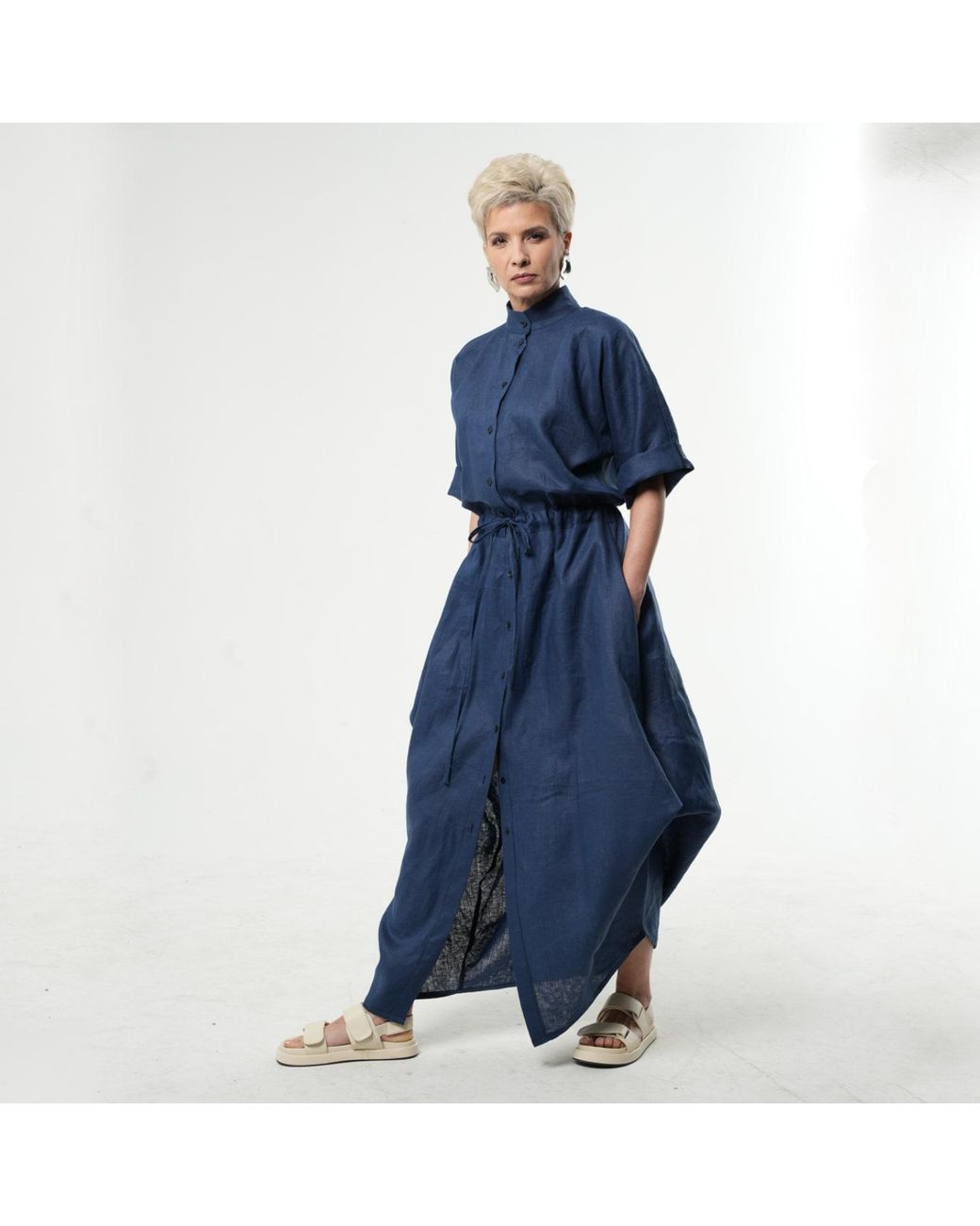Metamorph Blue Long Linen Shirt Dress