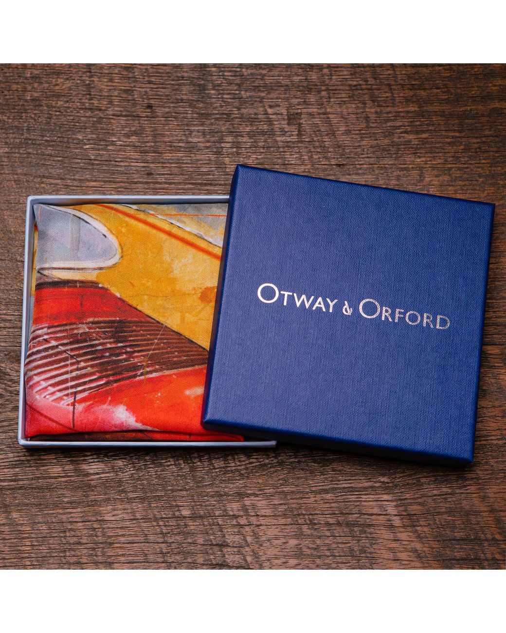 Otway & Orford Blue 'Racing Legends' Sports Cars Silk Pocket Square. Full-Size for men