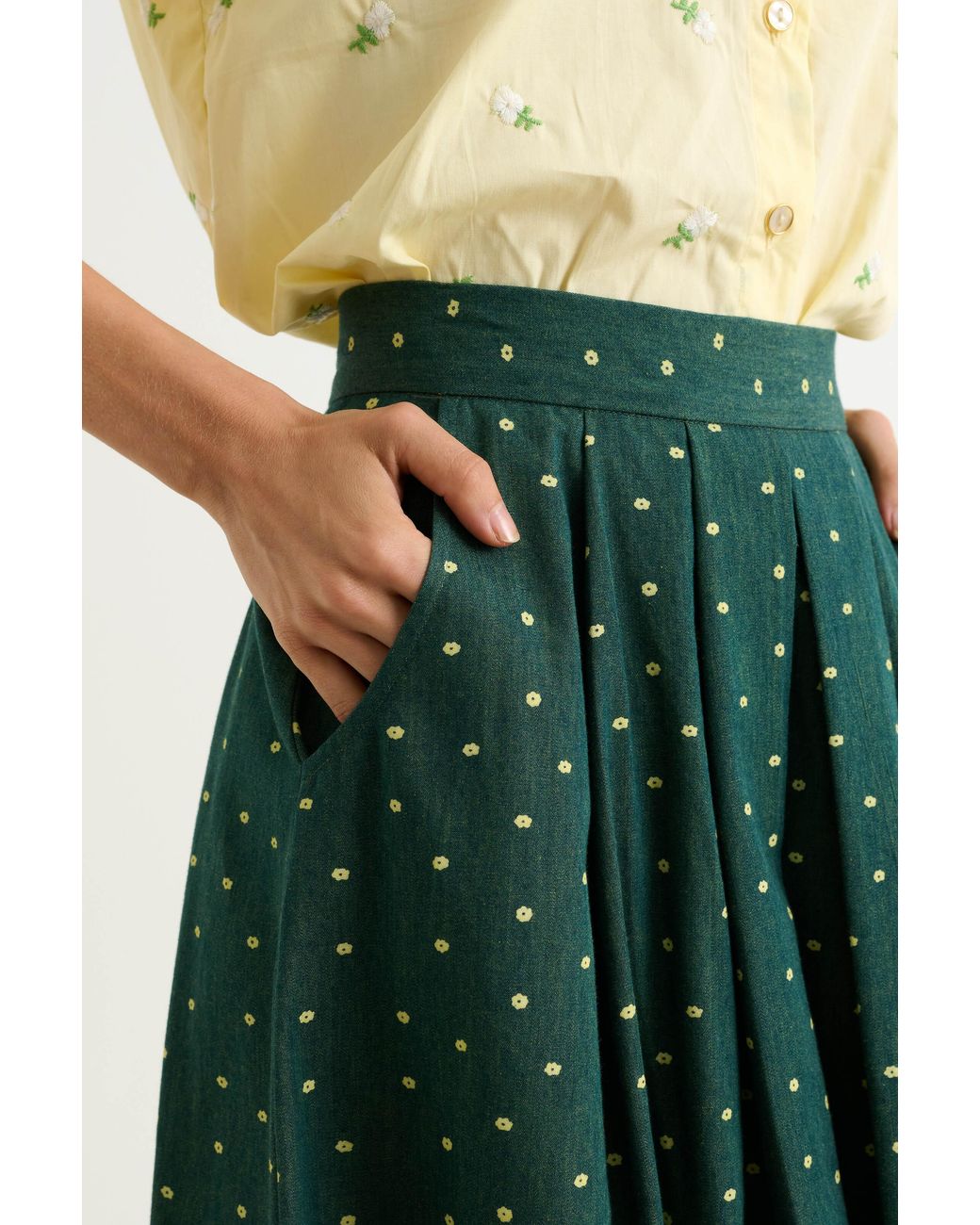 Louche Green Pasadena Flower Dot Midaxi Skirt- Fern
